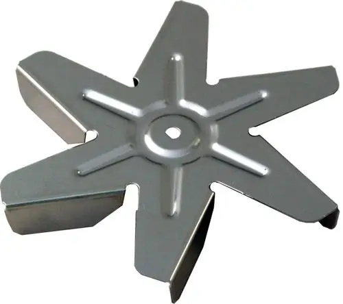 Umlaufrad aus Metall für einen Abzugsventilator, flache Bauform mit mehreren Armen, geeignet für verschiedene Anwendungen, unter anderem Produkte von Wolf.